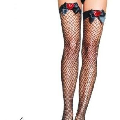 Leg Avenue 9073 Women's Red Sequin Heart Bow Fishnets Thigh Highs